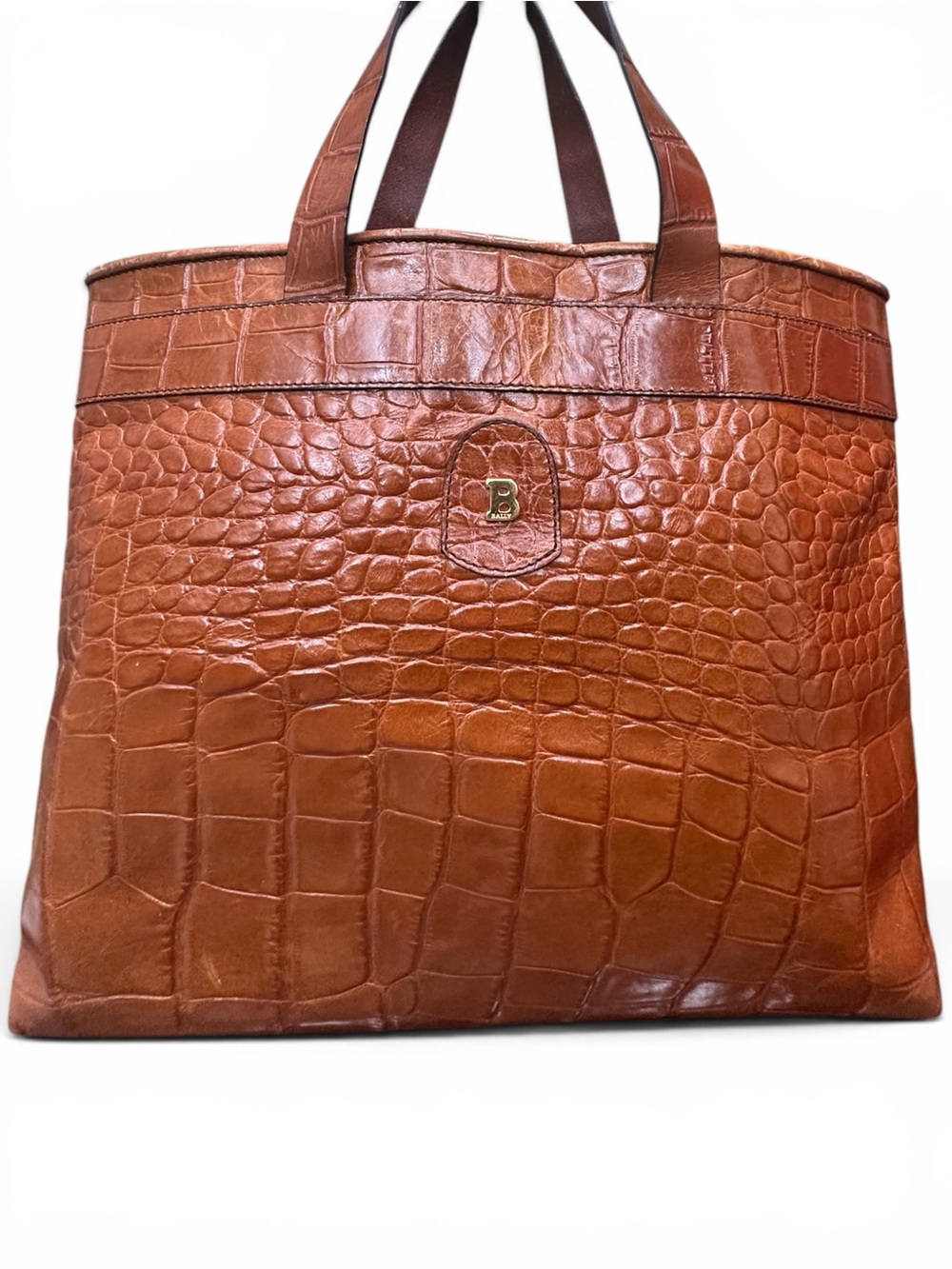 Vintage Bally Cognac Croc Embossed Leather Tote Bag Shopper Italy